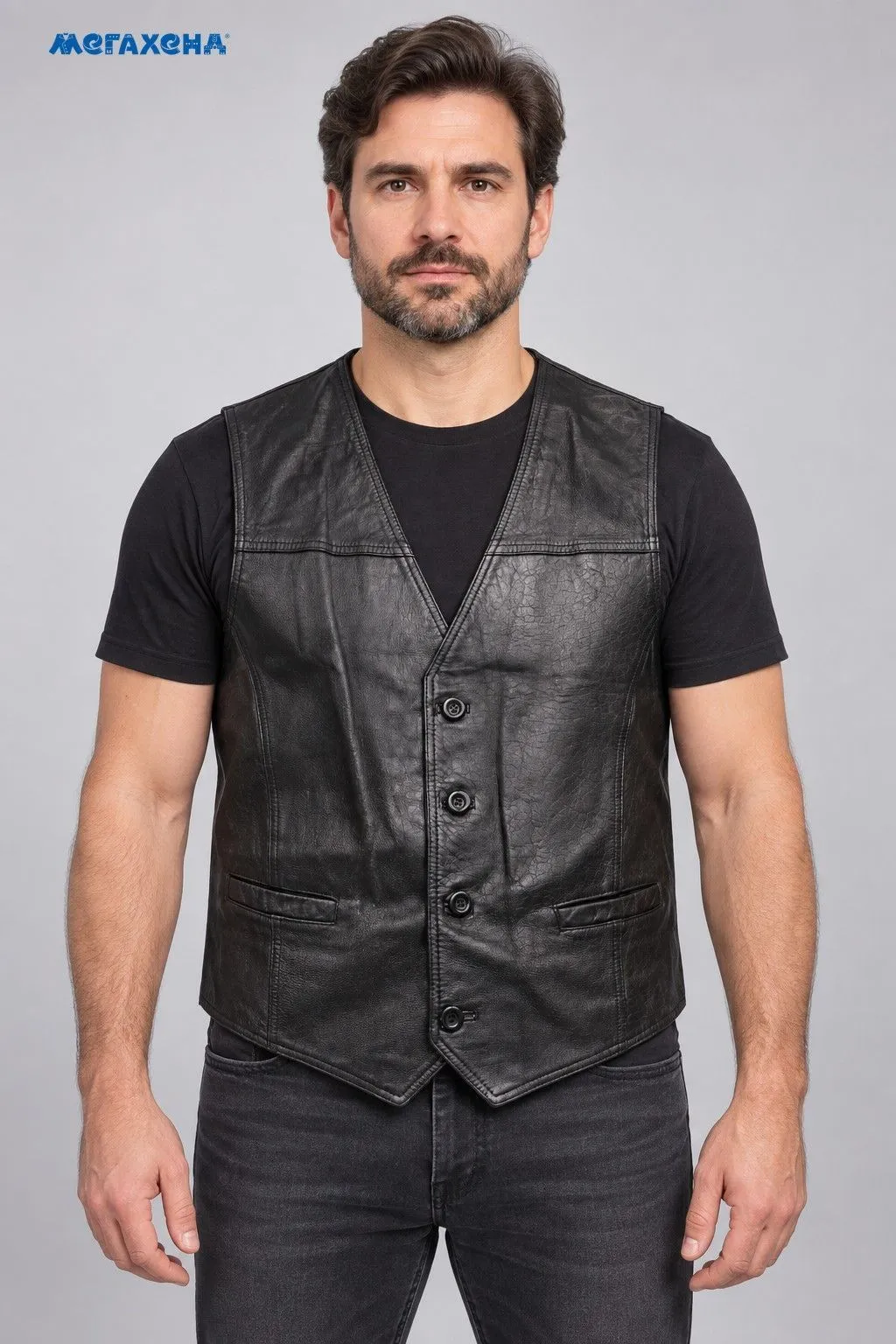 Чёрный кожаный жилет Dider Leather на пуговицах, размер 50 (L)